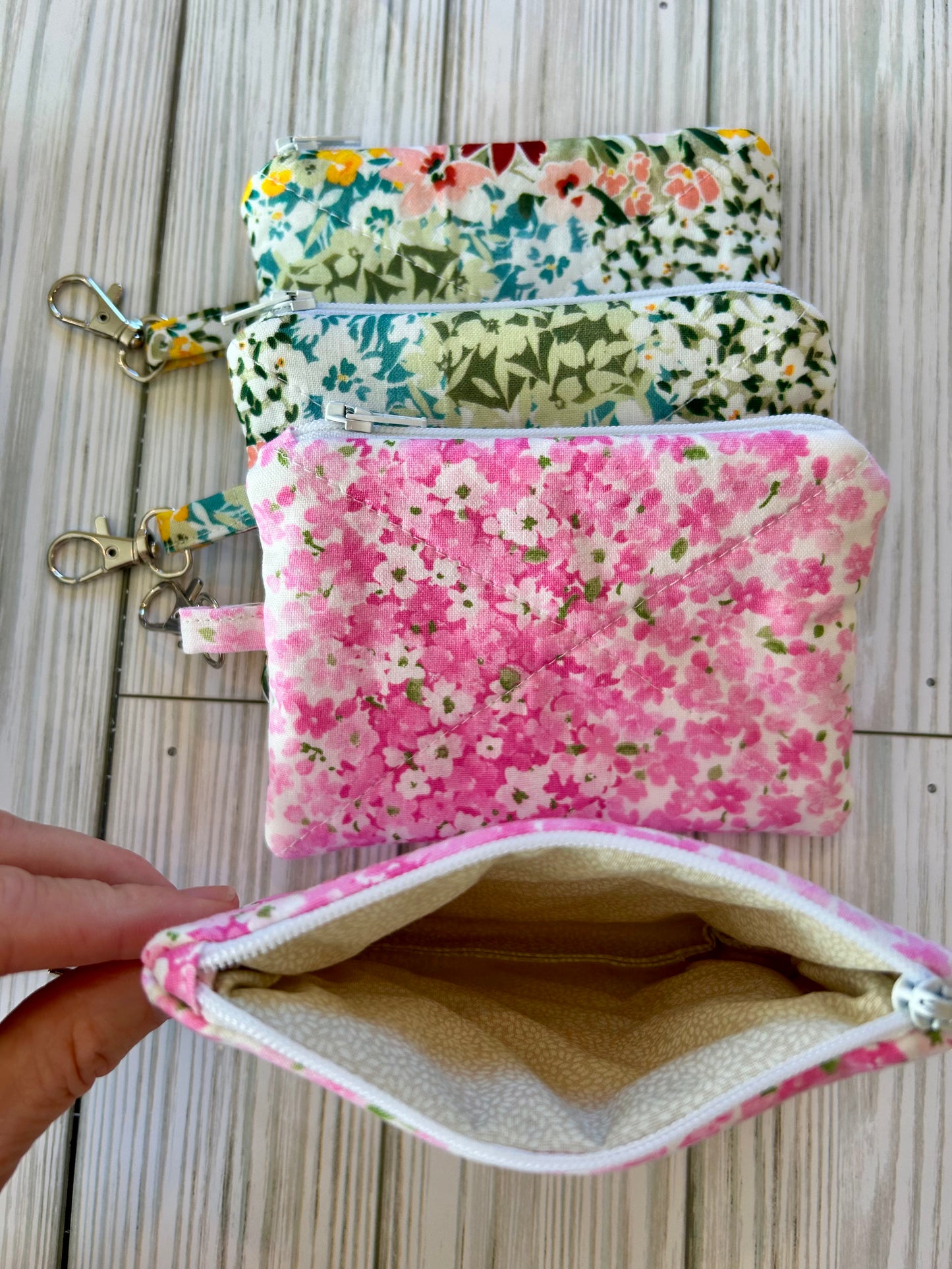 Quilted Cotton Zipper Pouch Wallet with Key Ring Clip
