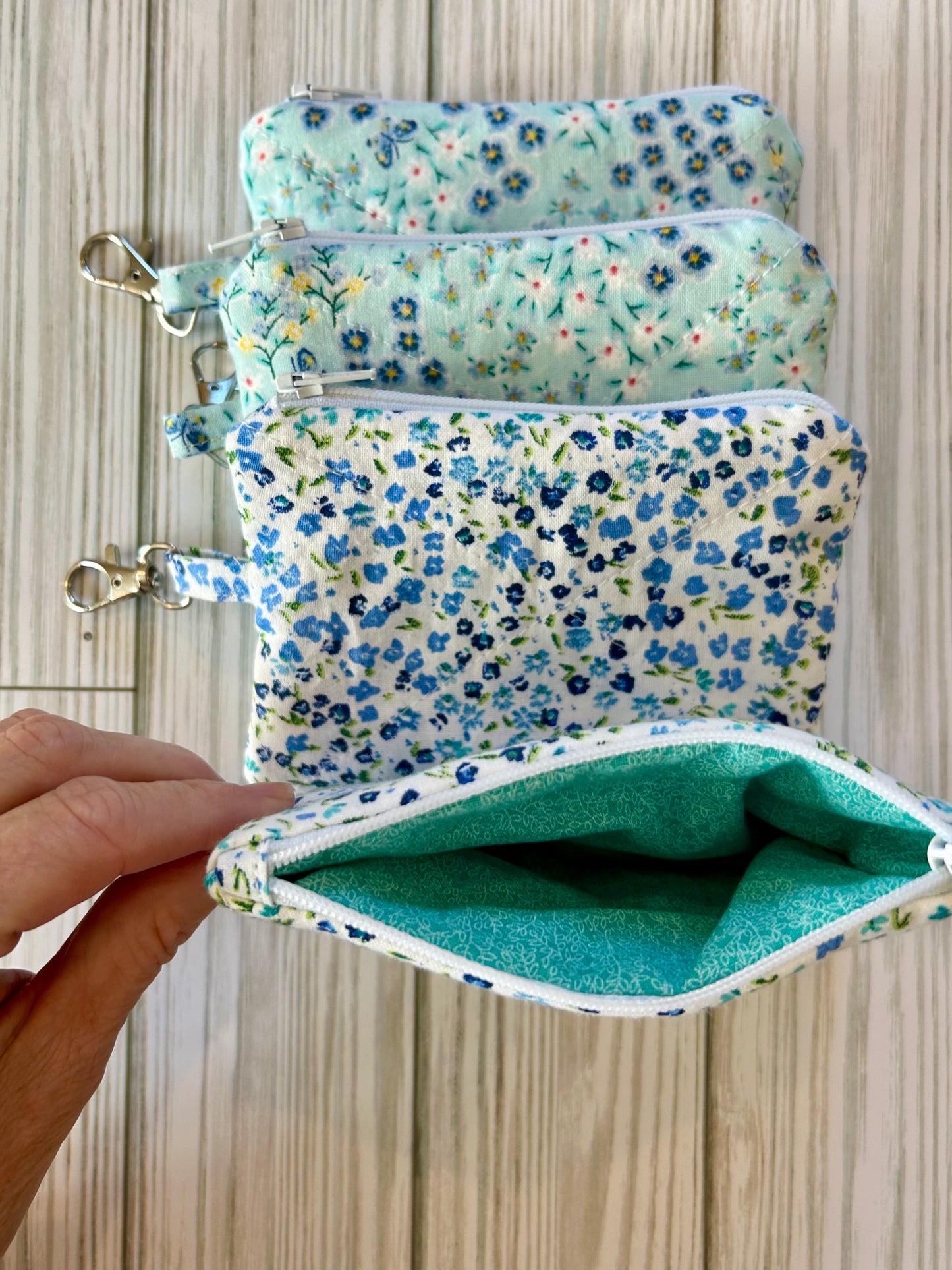 Quilted Cotton Zipper Pouch Wallet with Key Ring Clip