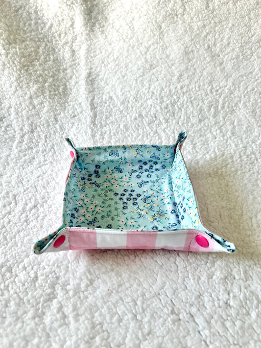 Blue Floral Collapsible Fabric Trinket Tray with Snap Closure