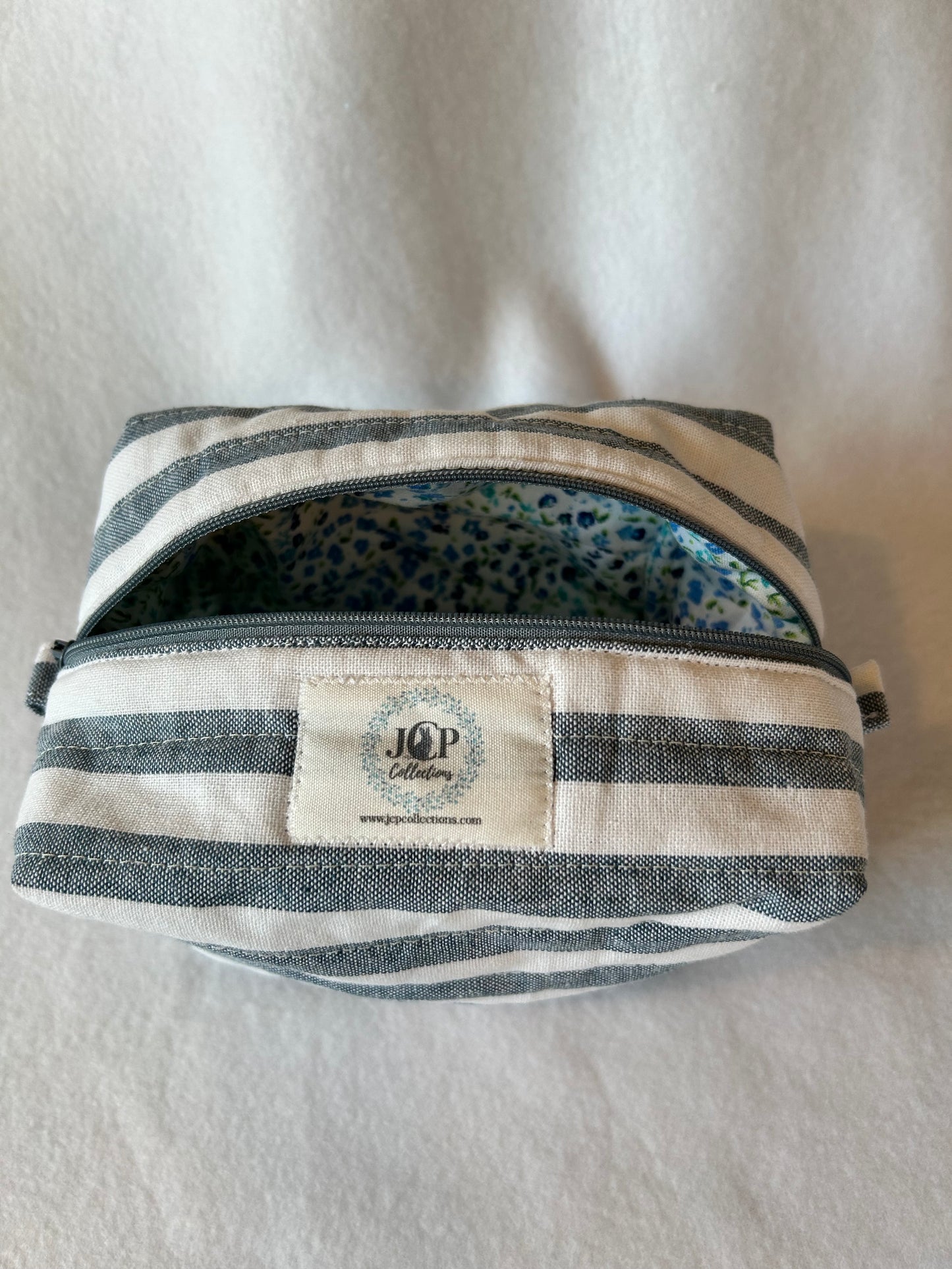 Blue & White Striped Boxy Makeup Bag