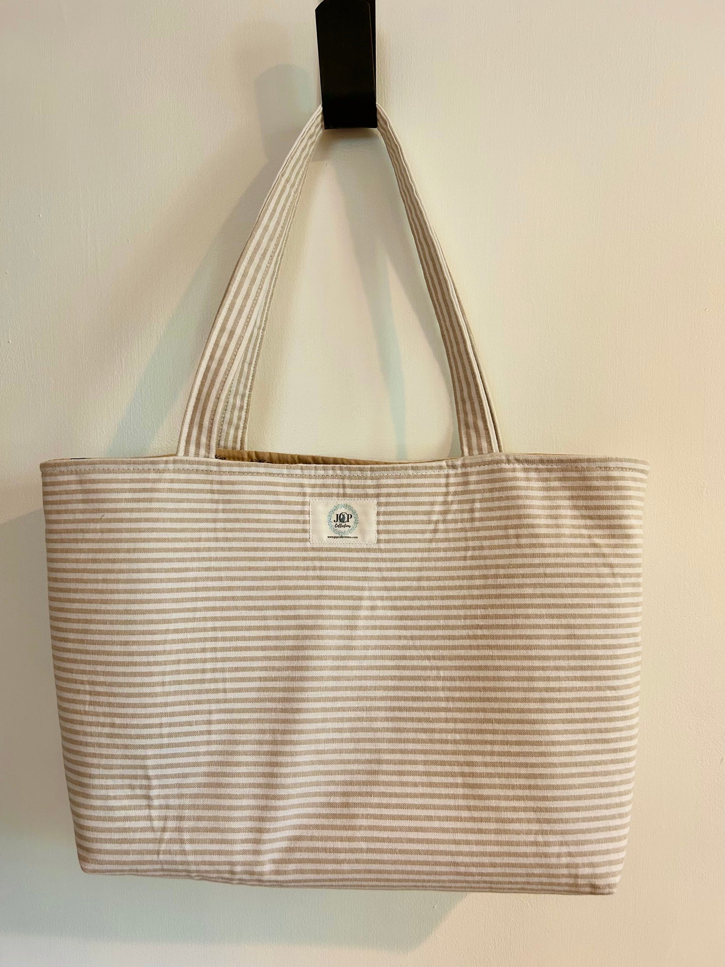 Tan & White Striped Handmade Tote Bag