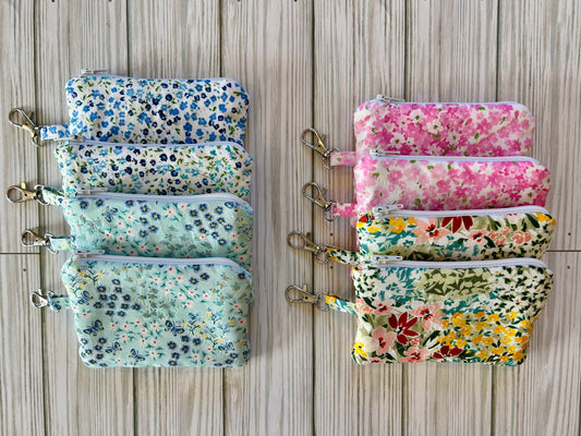 Quilted Cotton Zipper Pouch Wallet with Key Ring Clip