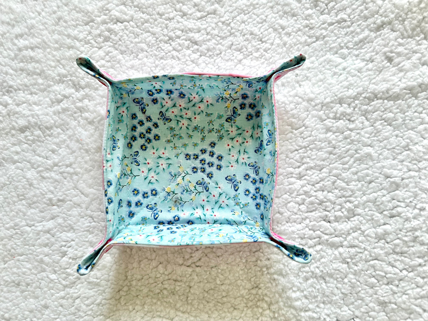 Blue Floral Collapsible Fabric Trinket Tray with Snap Closure